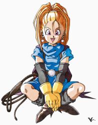 Rule 34 | 1girl, barbara (dq6), belt, black sleeves, black socks, blue dress, boots, brown footwear, cape, commentary, detached sleeves, dragon quest, dragon quest vi, dress, earrings, full body, gloves, hair pulled back, high ponytail, highres, indian style, jewelry, kakeru (dbskakeru), long hair, looking at viewer, open mouth, orange hair, pink eyes, purple cape, short sleeves, signature, simple background, sitting, smile, socks, solo, whip, wide ponytail, yellow gloves