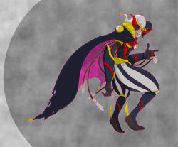 Rule 34 | 1boy, appmon, armor, artist request, cape, creature, digimon, digimon universe: appli monsters, fakemon (appmon), full armor, full body, hat, horns, jester cap, looking at viewer, monster, multiple views, no humans, official art, pants, simple background, solo, standing, striped clothes, striped pants