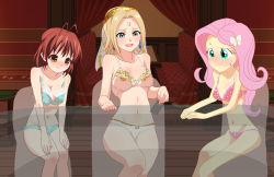 Rule 34 | 3girls, bar stool, blush, booth seating, bow, bow panties, bra, brown eyes, butterfly hair ornament, card, clannad, commission, crossover, earrings, eternal arcadia, facing viewer, fina (eternal arcadia), fluttershy, furukawa nagisa, green eyes, hair ornament, hands on own knees, headgear, highres, holding, holding card, humanized ponies, jewelry, lace, lace-trimmed panties, lace trim, looking down, looking to the side, multiple girls, my little pony, panties, playing card, polka dot, polka dot bra, polka dot panties, red curtains, sarura, see-through, sega, sitting, stool, strip game, strip poker, strip poker night at the inventory, sweatdrop, table, the inventory (setting), underwear, x-ray