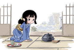 1girl all_fours black_hair blue_kimono commentary cup dango flying_sweatdrops food garden grey_eyes hair_ornament hiding highres indoors japanese_clothes kimono koonitabirako99 long_hair obi obijime original sanshoku_dango sash shouji sidelocks sketch sliding_doors smile solo tabi tail tail_wagging tatami teacup tray wagashi weasel weasel_tail yunomi