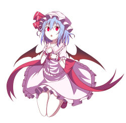 Rule 34 | 1girl, :o, ascot, bat wings, blue hair, collarbone, collared dress, dress, frilled cuffs, frilled dress, frills, full body, furagu, hair between eyes, hat, highres, legs up, looking at viewer, mob cap, open mouth, red ascot, red eyes, red ribbon, remilia scarlet, revision, ribbon, shoes, short hair, simple background, solo, touhou, white background, white dress, wings, wrist cuffs