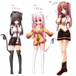 Rule 34 | 3girls, animal ears, bell, black hair, black socks, blush, breasts, brown hair, cassini m bisuko, cat ears, cat tail, cleavage, hair ribbon, hand on own chest, hat, kneehighs, large breasts, long hair, mia flatpaddy, multiple girls, necktie, no panties, original, pink eyes, pink hair, ribbon, shia flatpaddy, skirt, socks, standing, syroh, tail, tail bell, tail ornament, thighhighs, twintails, white legwear
