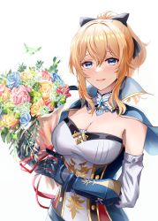 Rule 34 | 1girl, absurdres, blonde hair, blue eyes, blush, bouquet, breasts, capelet, cleavage, crystalfly (genshin impact), detached collar, detached sleeves, flower, gauntlets, genshin impact, hair ribbon, highres, holding, holding bouquet, jean (genshin impact), looking at viewer, medium breasts, mon-chan, open mouth, ribbon, rose, sidelocks, simple background, smile, solo, upper body, vambraces, white background