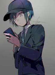 Rule 34 | 1boy, black hair, black hat, black jacket, brown eyes, cellphone, commentary request, danganronpa (series), danganronpa v3: killing harmony, gradient background, grey background, hat, highres, holding, holding phone, huyuharu0214, jacket, long sleeves, looking at phone, male focus, necktie, official alternate costume, phone, saihara shuichi, shirt, signature, simple background, smartphone, solo, striped necktie, striped neckwear, upper body, white shirt