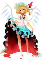 Rule 34 | 1girl, alternate costume, blonde hair, clothes lift, detached collar, dress, dress lift, flandre scarlet, frilled dress, frills, full body, gloves, hat, hat ribbon, head tilt, highres, looking at viewer, mob cap, rahato, red eyes, ribbon, short hair, side ponytail, simple background, smile, solo, strapless, strapless dress, touhou, white background, wings