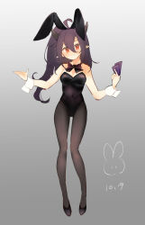 Rule 34 | 1girl, absurdres, ahoge, animal ears, azur lane, bare shoulders, black bow, black bowtie, black footwear, black hair, black leotard, black pantyhose, blush, bow, bowtie, breasts, card, cleavage, closed mouth, collar, collarbone, covered navel, dated, detached collar, fake animal ears, full body, gradient background, grey background, hair between eyes, hands up, head tilt, high heels, highleg, highres, holding, holding card, horns, isuzu (accidental overheat?) (azur lane), isuzu (azur lane), leotard, long hair, looking at viewer, medium breasts, moriri, one side up, pantyhose, playboy bunny, pointy ears, rabbit ears, red eyes, shoes, signature, simple background, solo, standing, strapless, strapless leotard, white background, white collar, wing collar, wrist cuffs