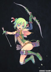 Rule 34 | 1girl, :d, armpits, arrow (projectile), belt, black background, blue eyes, blush, boots, bow (weapon), buckle, full body, green footwear, green hair, hair ribbon, knee boots, knee pads, last summoner, looking at viewer, open mouth, piro (orip), red ribbon, ribbon, robin hood (last summoner), short hair, simple background, smile, solo, weapon