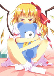 Rule 34 | 1girl, blonde hair, bow, commentary request, covered mouth, hugging doll, dress, flandre scarlet, glasses, hair bow, indian style, long hair, looking at viewer, hugging object, puffy short sleeves, puffy sleeves, red-framed eyewear, red dress, shirt, short sleeves, side ponytail, sitting, solo, stuffed animal, stuffed toy, teddy bear, touhou, wings, yuimari