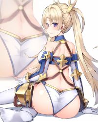 Rule 34 | 1girl, armor, ass, back, bad id, bad pixiv id, bare shoulders, bikini armor, blonde hair, blue eyes, blurry, blush, bradamante (fate), bradamante (third ascension) (fate), braid, breasts, butt crack, closed mouth, detached sleeves, fate/grand order, fate (series), faulds, gloves, hair ornament, highres, long hair, long sleeves, looking at viewer, looking back, medium breasts, no shoes, nonon (xenonbot), sidelocks, simple background, sitting, smile, solo, sweatdrop, thighhighs, twintails, very long hair, white background, white gloves, white thighhighs, yokozuwari, zoom layer