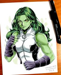 Rule 34 | 1girl, 2019, angry, animification, artist name, bare shoulders, breasts, cleavage, clenched hands, closed mouth, colored skin, enma (enmanuelart), fingerless gloves, forehead, gloves, green hair, green skin, grey eyes, hand up, highres, inktober, large breasts, long hair, looking at viewer, marker (medium), marvel, muscular, muscular female, o-ring, paper, pen, she-hulk, shirt, simple background, sleeveless, solo, taut clothes, taut shirt, toned, traditional media, upper body, v-shaped eyebrows, white background