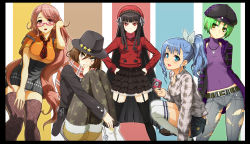 Rule 34 | 5girls, :d, arms behind head, belt, black hair, blue eyes, blue hair, blunt bangs, blush, brown eyes, brown hair, cabbie hat, camera, character request, earrings, fedora, frilled skirt, frills, garter straps, glasses, green hair, hair ornament, tucking hair, hairclip, halterneck, hand on own knee, hand to own mouth, hands on own hips, hat, highres, jacket, jewelry, knees to chest, long hair, looking at viewer, mole, multiple girls, nail polish, necktie, ookuma nekosuke, open mouth, original, over-kneehighs, panties, pants, pantyhose, pantyshot, pink hair, plaid, plaid scarf, ponytail, print legwear, red eyes, scarf, short hair, shorts, skirt, smile, squatting, standing, star (symbol), star earrings, star print, strap slip, thighhighs, torn clothes, torn pants, underwear, upskirt, very long hair, white legwear, white panties, yellow eyes, zettai ryouiki