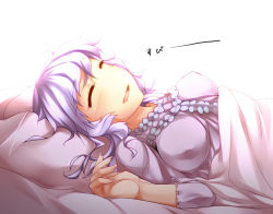 Rule 34 | 1girl, ^ ^, alternate costume, bed, blanket, blush, breasts, breasts apart, closed eyes, drooling, closed eyes, female focus, kazetto, large breasts, light purple hair, long hair, lying, merlin prismriver, no headwear, no headwear, on back, open mouth, pajamas, pillow, sleeping, smile, solo, touhou, under covers