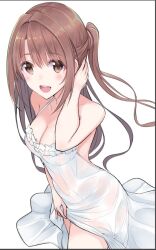 Rule 34 | 1girl, :d, blush, breasts, brown eyes, brown hair, cleavage, collarbone, cowboy shot, dot nose, dress, holding, holding hair, idolmaster, idolmaster cinderella girls, large breasts, long hair, looking at viewer, open mouth, see-through, shimamura uzuki, simple background, smile, sundress, u rin, white background