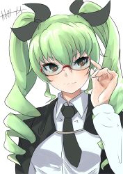 Rule 34 | 1girl, adjusting eyewear, anchovy (girls und panzer), anzio school uniform, artist name, black cape, black necktie, black ribbon, cape, closed mouth, commentary, dress shirt, drill hair, girls und panzer, glasses, green hair, hair ribbon, highres, kakimoto nao, long hair, long sleeves, looking at viewer, necktie, one-hour drawing challenge, red-framed eyewear, red eyes, ribbon, school uniform, semi-rimless eyewear, shirt, signature, simple background, smile, solo, twin drills, twintails, under-rim eyewear, upper body, white background, white shirt