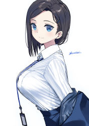 Rule 34 | 1girl, black hair, blue eyes, blush, breasts, closed mouth, collared shirt, commentary request, dress shirt, earrings, from side, getsuyoubi no tawawa, hair ornament, hairclip, highres, jewelry, kaedeko (kaedelic), kouhai-chan (tawawa), large breasts, looking at viewer, looking to the side, mole, mole under eye, off shoulder, office lady, shirt, short hair, signature, simple background, smile, solo, stud earrings, upper body, white background, white shirt