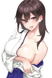 Rule 34 | 1girl, blue hakama, blush, breasts, brown eyes, brown hair, cleavage, collarbone, convenient arm, hair between eyes, hair down, hakama, highres, japanese clothes, kaga (kancolle), kamidanomi, kantai collection, large breasts, long hair, open mouth, simple background, solo, undressing, upper body, white background