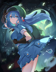 Rule 34 | 1girl, :t, air bubble, alternate hair length, alternate hairstyle, ass, black gloves, blue dress, blue eyes, blue hair, blue jacket, blue skirt, breasts, bright pupils, bubble, clenched hand, commentary, cowboy shot, dress, earrings, falken (yutozin), gloves, green bag, green headwear, hair between eyes, hand on headwear, highres, jacket, jewelry, kawashiro nitori, long hair, looking at viewer, looking back, medium breasts, revision, sidelocks, skirt, solo, thighs, touhou, tree, underwater, upskirt