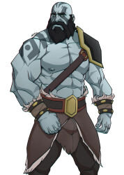 Rule 34 | 1boy, abs, absurdres, alternate facial hair, armor, bald, bara, bare pectorals, beard, blue skin, chest harness, colored skin, critical role, dungeons & dragons, dungeons &amp; dragons, facial hair, feet out of frame, grog strongjaw, harness, head tattoo, highres, large pectorals, loincloth, long beard, male focus, mature male, mr nellory, muscular, muscular male, nipples, pauldrons, pectorals, pelvic curtain, shoulder armor, shoulder tattoo, single pauldron, solo, standing, stomach, tattoo, the legend of vox machina, thick eyebrows