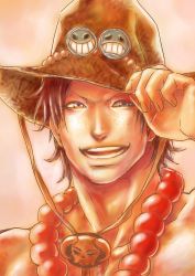 Rule 34 | 1boy, beads, freckles, hand on headwear, highres, jewelry, male focus, necklace, one piece, open mouth, portgas d. ace, smile, smiley, solo, stampede string