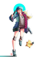 Rule 34 | 1girl, 1other, alternate costume, automatic giraffe, black eyes, black gloves, blue headwear, blue jacket, floating hair, gloves, gun, hand on headwear, handgun, hat, holding, holding gun, holding weapon, jacket, jewelry, knee pads, leg up, long hair, looking to the side, luma (mario), mario (series), necklace, nintendo, pistol, red eyes, rosalina, short shorts, shorts, star (symbol), star necklace, super mario galaxy, v-shaped eyebrows, weapon, white background