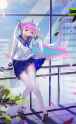 Rule 34 | 1girl, :d, absurdres, cellphone, colored inner hair, earphones, highres, hololive, iphone, long sleeves, maid headdress, minato aqua, multicolored hair, open mouth, petals, phone, purple eyes, purple hair, sailor collar, school uniform, shoes, skirt, smartphone, smile, solo, thighhighs, tupiao shaonu, virtual youtuber, white thighhighs, window