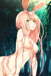 Rule 34 | 1girl, animal ears, bad id, bad pixiv id, breasts, fang, forest, green eyes, long hair, looking at viewer, medium breasts, nature, navel, nipples, nude, original, parted lips, pink hair, pointy ears, rabbit ears, rayn, solo, tattoo, teeth, tree