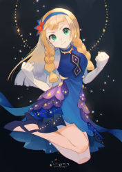 Rule 34 | 1girl, bare shoulders, blonde hair, blue dress, blue hairband, braid, clenched hands, closed mouth, commentary request, creatures (company), dress, elbow gloves, eyelashes, flower, game freak, gloves, green eyes, hair flower, hair ornament, hairband, hands up, high heels, highres, kikuyoshi (tracco), lillie (anniversary 2021) (pokemon), lillie (pokemon), long hair, looking at viewer, nintendo, official alternate costume, pokemon, pokemon masters ex, red flower, signature, smile, solo, twin braids, white gloves