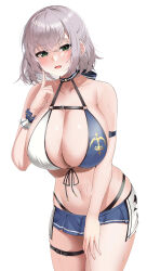 Rule 34 | 1girl, absurdres, arm strap, bare shoulders, bikini, blue skirt, blush, breasts, cleavage, collarbone, cowboy shot, green eyes, grey hair, hand up, highres, hololive, large breasts, looking at viewer, navel, oidoden2535, open mouth, parted lips, shirogane noel, shirogane noel (summer 2020), short hair, simple background, skirt, smile, solo, stomach, swimsuit, thigh strap, thighs, virtual youtuber, white background