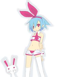 Rule 34 | 1girl, animal ears, arms behind back, artist request, bad id, bad pixiv id, blue hair, bow, disgaea, hair bow, midriff, navel, necktie, nippon ichi, open fly, original, panties, pinky out, pleinair, pointy ears, rabbit, rabbit ears, red eyes, short hair, short shorts, shorts, simple background, solo, tateto, thighhighs, underwear, unzipped, usagi-san, wing collar, wrist cuffs