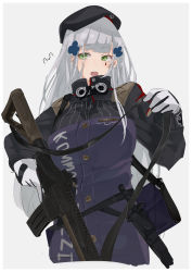 Rule 34 | 1girl, artist name, assault rifle, bag, beret, breasts, girls&#039; frontline, gloves, green eyes, gun, h&amp;k hk416, hat, highres, hk416 (girls&#039; frontline), holding, holding weapon, knife sheath, knife sheath, long hair, looking at viewer, medium breasts, open mouth, rifle, sheath, silver hair, solo, sutekina awa, uniform, weapon, white background, white gloves