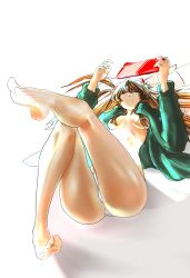 Rule 34 | 1girl, annoyed, ass, bare legs, barefoot, bravoida, breasts, brown hair, cameltoe, cleavage, crossed legs, evangelion: 3.0+1.0 thrice upon a time, green jacket, grin, hair ornament, hair over breasts, highres, huge ass, jacket, legs, long hair, looking up, lying, neon genesis evangelion, no bra, open clothes, open jacket, panties, phone, rebuild of evangelion, shiny skin, side-tie panties, sitting, smile, souryuu asuka langley, thong, toes, tsundere, two side up, underwear, video game, white panties