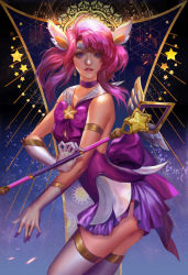 Rule 34 | 1girl, alternate costume, armlet, breasts, choker, cleavage cutout, clothing cutout, commentary, earrings, elbow gloves, english commentary, facing viewer, fan yang (jiuge), gloves, headgear, highres, jewelry, league of legends, lips, looking at viewer, lux (league of legends), magical girl, nose, pink hair, purple choker, purple eyes, sailor collar, solo, star (symbol), star guardian (league of legends), star guardian lux, thighhighs, tiara, wand, white gloves, white thighhighs