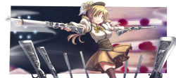 Rule 34 | 10s, 1girl, bad id, bad pixiv id, beret, blonde hair, boots, brown thighhighs, detached sleeves, drill hair, dual wielding, field of blades, fingerless gloves, foreshortening, gloves, gun, hair ornament, hairpin, hat, highres, holding, long hair, long image, magical girl, magical musket, mahou shoujo madoka magica, mahou shoujo madoka magica (anime), musket, oda masaki (b-minor), outstretched arms, oyamada masaki, perspective, pleated skirt, puffy sleeves, ribbon, rifle, skirt, solo, spread arms, striped clothes, striped thighhighs, thighhighs, tomoe mami, twin drills, twintails, vertical-striped clothes, vertical-striped thighhighs, weapon, wide image, witch&#039;s labyrinth, yellow eyes, zettai ryouiki