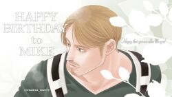 Rule 34 | 1boy, birthday, blonde hair, facial hair, flower, from above, goatee stubble, happy birthday, long sideburns, looking to the side, maino merry, male focus, mature male, mike zakarius, mustache stubble, parted lips, shingeki no kyojin, shirt, short hair, sideburns, sideburns stubble, solo, sparse stubble, stubble, t-shirt, upper body
