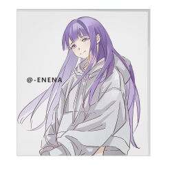 Rule 34 | 1girl, artist name, blunt bangs, border, contemporary, drawstring, er (user yhzm5478), fern (sousou no frieren), grey background, grey hoodie, hair down, highres, hood, hood down, hoodie, long hair, long sleeves, looking at viewer, purple eyes, purple hair, simple background, sleeves past wrists, smile, solo, sousou no frieren, straight hair, upper body