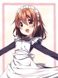 Rule 34 | 10s, 1girl, alternate costume, apron, black ribbon, blush, brown eyes, brown hair, enmaided, fang, frills, hair between eyes, hair ornament, hairclip, ikazuchi (kancolle), kantai collection, long sleeves, looking at viewer, maid, maid apron, maid headdress, open mouth, outstretched arms, ribbon, short hair, solo, usume shirou