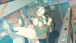 Rule 34 | 1girl, andousaiga, barefoot, blurry, blurry background, blush, bottomless, breasts, brown hair, choker, crane (machine), elbow gloves, embarrassed, eyebrows hidden by hair, feet, gloves, green eyes, groin, highres, indoors, legs, looking back, nipples, no panties, open mouth, original, pussy, restrained, sex, short hair, small breasts, tears, thighs, toes, uncensored, vaginal