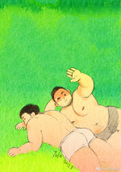Rule 34 | 2boys, ass, bara, beard stubble, belly, black hair, blinding light, boxers, couple, facial hair, fat, fat man, grass, highres, large pectorals, lying, male focus, male underwear, multiple boys, nipples, on stomach, one eye closed, original, outstretched arm, pectorals, short hair, sleeping, solid circle eyes, sparse navel hair, stubble, sunlight, takadeshenghuo, thick eyebrows, thighs, underwear, yaoi