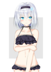 Rule 34 | 10s, 1girl, arm grab, bare arms, bare shoulders, bikini, black bikini, black hairband, blinker aruji, blue eyes, blush, closed mouth, collarbone, commentary request, grey background, groin, hair between eyes, hair ornament, hairband, looking away, looking to the side, navel, ryuuou no oshigoto!, silver hair, snowflake hair ornament, solo, sora ginko, swimsuit, two-tone background, v-shaped eyebrows, white background