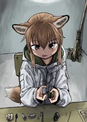 Rule 34 | 1girl, :p, absurdres, animal ears, broom, brown eyes, brown hair, fox ears, fox girl, fox girl (yihan1949), fox tail, highres, original, sitting, solo, table, tail, tongue, tongue out, weapon part, yihan1949