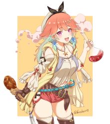 Rule 34 | 1girl, absurdres, aqua hair, atelier (series), atelier ryza, atelier ryza 1, belt, beret, blush, boots, breasts, brown footwear, brown gloves, camisole, chicken leg, cleavage, commentary, cosplay, cowboy shot, earrings, feather earrings, feathers, flask, food, fuusuke (fusuke208), gloves, gradient hair, hair ornament, hairclip, hat, highres, hip vent, holding, holding food, hololive, hololive english, hood, hooded jacket, jacket, jewelry, long hair, looking at viewer, medium breasts, midriff, multicolored hair, navel, necklace, open clothes, open jacket, open mouth, orange background, orange hair, purple eyes, red shorts, reisalin stout, reisalin stout (cosplay), short shorts, shorts, simple background, smile, smoke, solo, spaghetti strap, star (symbol), star necklace, takanashi kiara, test tube, thigh boots, thighhighs, thighhighs under boots, thighs, twitter username, two-tone hair, virtual youtuber, white camisole, white hat, white thighhighs, yellow jacket