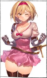 Rule 34 | 1girl, ;), black border, blonde hair, blush, border, breasts, brown thighhighs, cleavage, clenched hands, closed mouth, collarbone, cowboy shot, djeeta (granblue fantasy), gauntlets, granblue fantasy, grey shirt, hair intakes, hairband, high-waist skirt, highres, kei (soundcross), medium breasts, one eye closed, pink skirt, red hairband, red ribbon, ribbon, sheath, sheathed, shirt, short hair, short sleeves, simple background, skirt, smile, smug, solo, sword, thigh gap, thighhighs, v-shaped eyebrows, weapon, weapon on back, white background, yellow eyes, zettai ryouiki