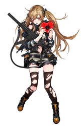 Rule 34 | 1girl, ahoge, black footwear, black shorts, black thighhighs, boots, box, brown hair, full body, gift, girls&#039; frontline, gun, h&amp;k ump, hands up, heart-shaped box, heckler &amp; koch, holding, holding gift, long hair, looking at viewer, official alternate costume, open mouth, red eyes, short shorts, shorts, sidelocks, simple background, solo, standing, striped clothes, striped sweater, submachine gun, sweater, teeth, thighhighs, torn clothes, torn shorts, torn thighhighs, twintails, ump9 (&quot;am i late?&quot;) (girls&#039; frontline), ump9 (girls&#039; frontline), valentine, weapon, white background, zagala