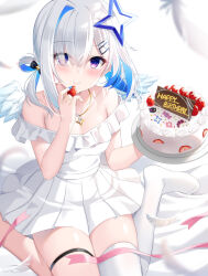 Rule 34 | 1girl, absurdres, amane kanata, angel wings, benchen06, blue eyes, blue hair, blue nails, blush, cake, closed mouth, colored inner hair, dress, feathers, food, fruit, hair over one eye, halo, happy birthday, highres, holding, holding food, holding fruit, hololive, looking at viewer, multicolored hair, no shoes, off shoulder, pink ribbon, purple eyes, ribbon, single thighhigh, sitting, smile, solo, star halo, strawberry, thigh strap, thighhighs, virtual youtuber, wariza, white dress, white hair, white thighhighs, wings