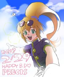 Rule 34 | 1girl, :d, brown hair, cloud, dated, eyewear on head, gloves, green eyes, happy birthday, kanmi (semesa), long hair, looking at viewer, open mouth, ponytail, precis neumann, smile, solo, star ocean, star ocean the second story