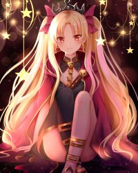 Rule 34 | 1girl, black headwear, black thighhighs, blonde hair, blush, cape, earrings, ereshkigal (fate), fate/grand order, fate (series), hair ribbon, jewelry, long hair, nasii, parted bangs, red cape, red eyes, red ribbon, ribbon, single thighhigh, skull, smile, solo, spine, star (symbol), thighhighs, tiara, two side up, very long hair