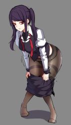 Rule 34 | 1girl, bad id, bad pixiv id, black panties, black pantyhose, breasts, clothes pull, full body, grey background, jill stingray, knees together feet apart, kuro (tmdbin), leaning forward, long hair, looking at viewer, loose necktie, medium breasts, necktie, no shoes, panties, panties under pantyhose, pantyhose, pencil skirt, pulling own clothes, purple hair, red eyes, skirt, skirt pull, solo, standing, swept bangs, thighband pantyhose, twintails, underwear, undressing, va-11 hall-a, wide hips