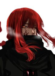 Rule 34 | 1girl, @ @, blood, blood on face, chainsaw man, commentary, covered mouth, floating hair, hair between eyes, highres, hoshi san 3, long hair, looking at viewer, makima (chainsaw man), orange eyes, red hair, sidelocks, simple background, solo, upper body, white background