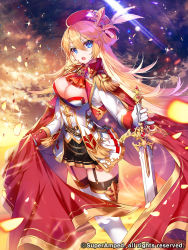 Rule 34 | 1girl, apple caramel, ascot, beret, black skirt, blonde hair, blue eyes, breasts, cape, cleavage, commentary request, cropped jacket, epaulettes, garter belt, gloves, hair between eyes, hat, highres, holding, holding cape, holding clothes, holding sword, holding weapon, jacket, long hair, long sleeves, looking at viewer, medium breasts, official art, one side up, open mouth, original, pleated skirt, red ascot, red cape, red hat, shirt, sidelocks, skirt, sky, solo, star (sky), starry sky, sword, thighhighs, weapon, white gloves, white jacket, white shirt, white thighhighs, zettai ryouiki