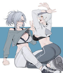 Rule 34 | 2girls, absurdres, arm support, arms up, ass, black bra, blue eyes, bra, breasts, cleavage, commentary, grey hair, highres, kneeling, large breasts, leggings, multiple girls, open mouth, original, pants, ponytail, ratatatat74, shark fin, sharp teeth, short hair, sideboob, sitting, smile, symbol-only commentary, teeth, underwear